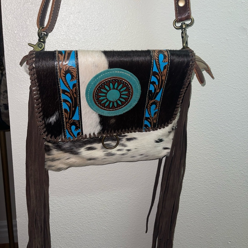 Brown and Blue Leather Crossbody Bag with Turquoise Ornament